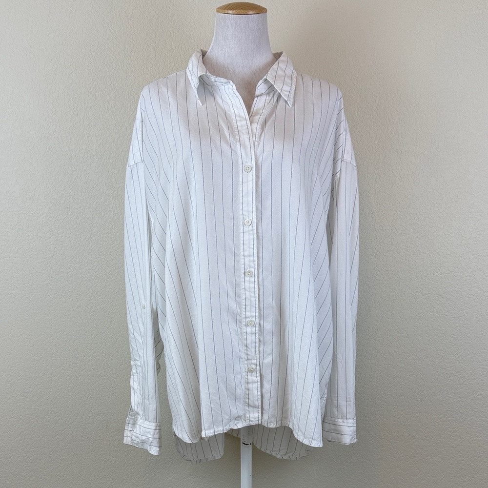 Babaton White and Blue Striped Button-Up Shirt